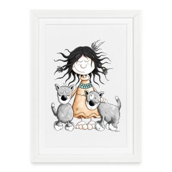 Fille indienne avec des amis de loup - Affiche encadrée (27 × 37 cm) - blanc - Devant