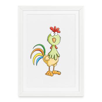 Coq fou - poulet - coq - oiseau - Affiche encadrée (27 × 37 cm) - blanc - Devant