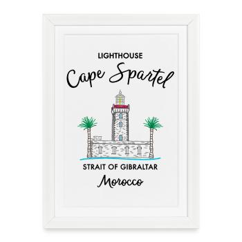 Maroc, Phare du Cap Spartel, Gibraltar - Affiche encadrée (27 × 37 cm) - blanc - Devant