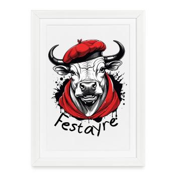 Festayre, féria et taureau béret et foulard rouge - Affiche encadrée (27 × 37 cm) - blanc - Devant