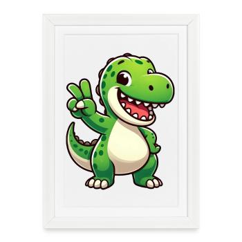 Mignon Dino T-Rex Cartoon Paix Rire Joie - Affiche encadrée (27 × 37 cm) - blanc - Devant
