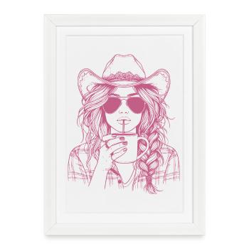 Siroter avec style - Cow Girl cool avec boisson - Affiche encadrée (27 × 37 cm) - blanc - Devant