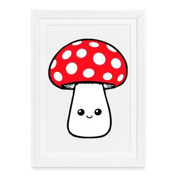 Champignon Heureux Mignon Visage Souriant Kawaii - Affiche encadrée (27 × 37 cm) - blanc - Devant