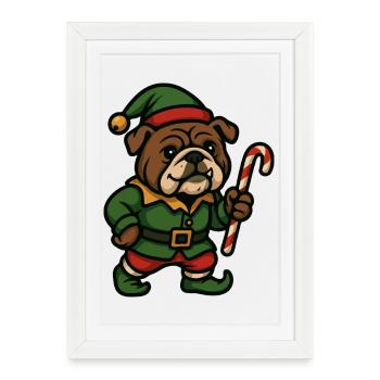 Elfe de Noël bouledogue tenant l’art de la canne à sucre - Affiche encadrée (27 × 37 cm) - blanc - Devant