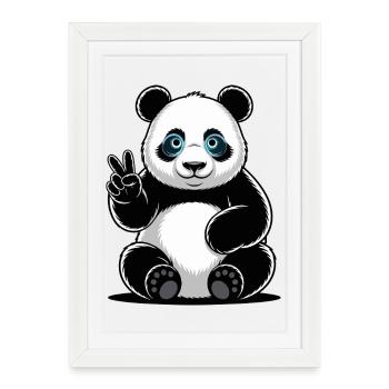 Dessin animé Panda Peace Sign - Affiche encadrée (27 × 37 cm) - blanc - Devant
