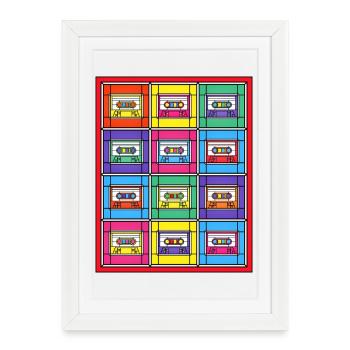Cassettes Pop Art en vitrail - Affiche encadrée (27 × 37 cm) - blanc - Devant