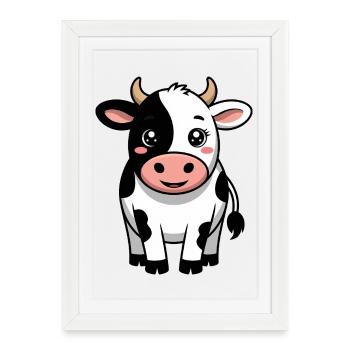 Vache - Vache comique Kawaii - Affiche encadrée (27 × 37 cm) - blanc - Devant