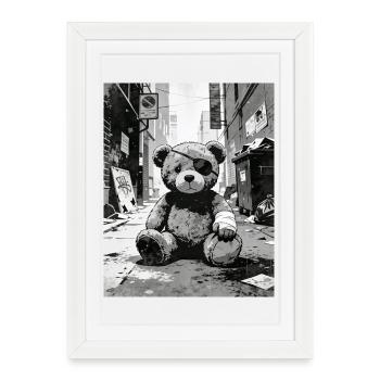 Teddy bear with eye patch near road - Framed poster (27 × 37 cm) - white - Front