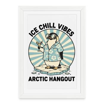 Pingouin Cocktail Rétro "IceChill Vibes" - Affiche encadrée (27 × 37 cm) - blanc - Devant