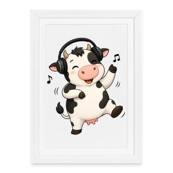 La vache danse sur la ferme de la ferme de la musique - Affiche encadrée (27 × 37 cm) - blanc - Devant