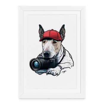 Chien photographe à casquette rouge - Affiche encadrée (27 × 37 cm) - blanc - Devant