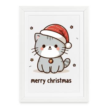 Chaton Fête - Noël Joyeux - Affiche encadrée (27 × 37 cm) - blanc - Devant