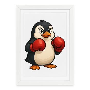 Cooler Pinguin Boxer kämpft im Cartoon Design - Gerahmtes Poster (27 × 37 cm) - Weiß - Vorne