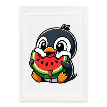 pingouin mignon melon d’été dessin animé drôle de fruit - Affiche encadrée (27 × 37 cm) - blanc - Devant