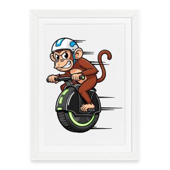 drôle chimpanzé monocycle coureur motocyclette cascadeur - Affiche encadrée (27 × 37 cm) - blanc - Devant