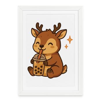 Deer with bubble tea kawaii deer - Framed poster (27 × 37 cm) - white - Front