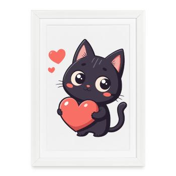 Chat noir cœur kawaii - Affiche encadrée (27 × 37 cm) - blanc - Devant