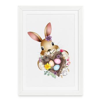 Un joli lapin de Pâques avec un cœur et un panier de Pâques - Affiche encadrée (27 × 37 cm) - blanc - Devant