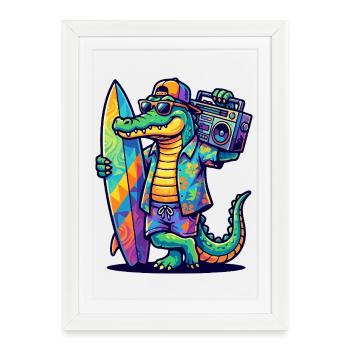 Alligator de Surf avec Boombox et Dessin animé Surfboard - Affiche encadrée (27 × 37 cm) - blanc - Devant