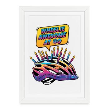 Wheelie Awesome à 40 ans de Pop Art Cycling - Affiche encadrée (27 × 37 cm) - blanc - Devant