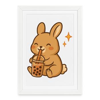 Bunny with Bubble Tea Kawaii Bunny - Framed poster (27 × 37 cm) - white - Front
