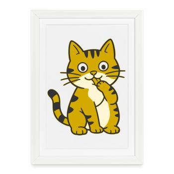 Lèche la patte, chat cartoon mignon à patte - Affiche encadrée (27 × 37 cm) - blanc - Devant