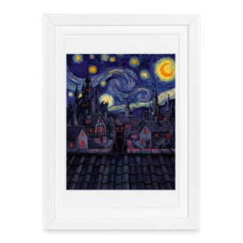 Midnight Cat Over Swirling Skyline - Framed poster (27 × 37 cm) - white - Front