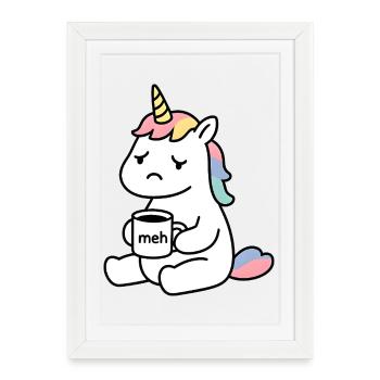 Licorne déprimée avec tasse 'meh' humour - Affiche encadrée (27 × 37 cm) - blanc - Devant