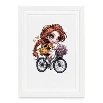Fille chibi à vélo avec un panier de fleurs - Affiche encadrée (27 × 37 cm) - blanc - Devant
