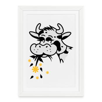Une vache mange bouquet - Affiche encadrée (27 × 37 cm) - blanc - Devant