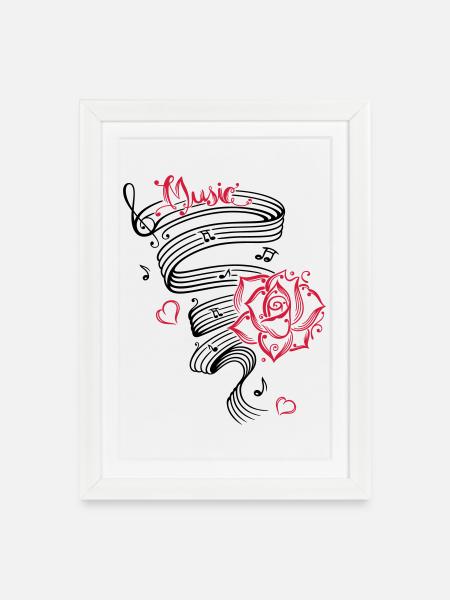 Notes musicales avec musique et fleur. - Affiche encadrée (27 × 37 cm) - blanc