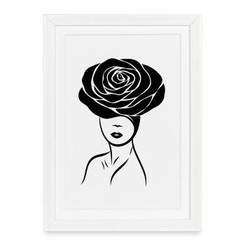 Fille / Dame avec une fleur (rose) sur la tête - Affiche encadrée (27 × 37 cm) - blanc - Devant