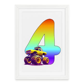 Monster Truck 4ème anniversaire 4 ans cadeau - Affiche encadrée (27 × 37 cm) - blanc - Devant