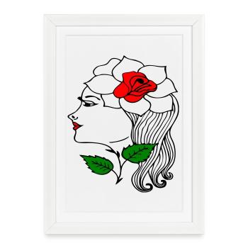 Tête de femme avec une rose dans les cheveux - Affiche encadrée (27 × 37 cm) - blanc - Devant