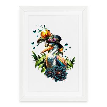 Pélican drôle avec chapeau steampunk - Affiche encadrée (27 × 37 cm) - blanc - Devant
