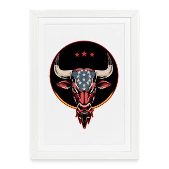Tête de taureau patriotique, un taureau américain. - Affiche encadrée (27 × 37 cm) - blanc - Devant