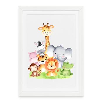 Animaux d'Afrique mignons – 🦁 🐵 🐊 à l'aquarelle - Affiche encadrée (27 × 37 cm) - blanc - Devant