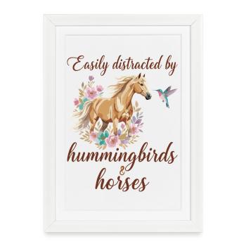Colibris Et Chevaux Équitation Équestre Cavalier - Affiche encadrée (27 × 37 cm) - blanc - Devant
