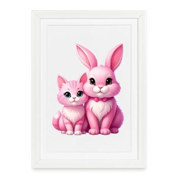 Pink rabbit and cat as plush toys - Framed poster (27 × 37 cm) - white - Front