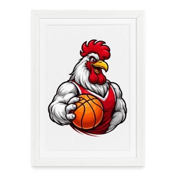 Basketball Huhn Mascot - Gerahmtes Poster (27 × 37 cm) - Weiß - Vorne
