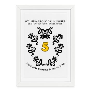 Numer_5 Symbol of the Energy of Freedom, Change and Adventure - Framed poster (27 × 37 cm) - white - Front