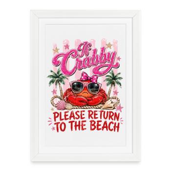 Crabe Plage Humour Été Rose - Affiche encadrée (27 × 37 cm) - blanc - Devant