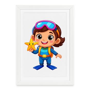 Garçon de Kawaii en combinaison de plongée avec étoile de mer – Mignon - Affiche encadrée (27 × 37 cm) - blanc - Devant
