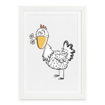 Happy Henne mit Gänseblümchen I Huhn Comic Design - Gerahmtes Poster (27 × 37 cm) - Weiß - Vorne