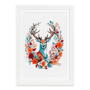 Cerf avec des fleurs - Affiche encadrée (27 × 37 cm) - blanc - Devant