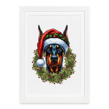 Doberman festif : élégant avec le bonnet du Père Noël - Affiche encadrée (27 × 37 cm) - blanc - Devant