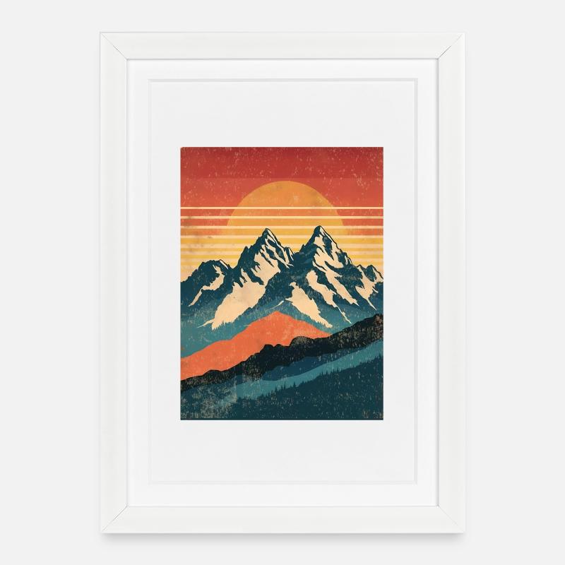Rétro montagnes avec coucher de soleil - Affiche encadrée (27 × 37 cm) - blanc