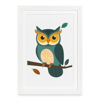 Hibou sage sur une branche - Charmant design animalier - Affiche encadrée (27 × 37 cm) - blanc - Devant