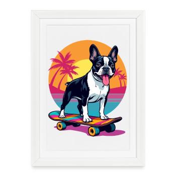 Bouledogue patineur - Affiche encadrée (27 × 37 cm) - blanc - Devant