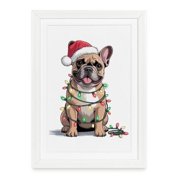 Bulldog festif avec des lumières de Noël - Affiche encadrée (27 × 37 cm) - blanc - Devant